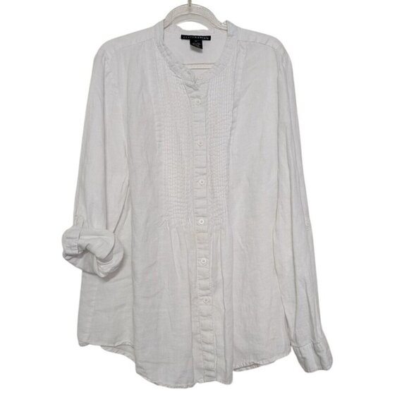 Grace Elements 100% Linen Smocked Shirt Womens Size XL White Button Front - Picture 2 of 12